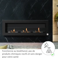 HOMCOM Cheminée bioéthanol Murale encastrable 3 brûleurs 3 L au total, environ 3 h de durée de combustion, dims. 120L x 15l x 40H cm, acier inox noir(m-4)
