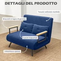 HOMCOM Divano Letto 3 in 1 in Tessuto Effetto Velluto con Schienale Regolabile e 2 Cuscini, 102x73x81 cm, Blu(m-6)