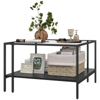 HOMCOM Table basse carrée 2 niveaux avec plateau en verre trempé, 1 étagère, design minimaliste, 73l x 73P x 46,5H cm, noir(m-1)