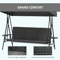 Outsunny Balancelle de jardin 3 places grand confort inclinaison toit réglable, 2 tablettes latérales, coussins, acier polyester(m-6)