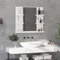 kleankin Miroir mural de salle de bain avec étagères de rangement - 4 étagères latérales + 1 étagère inférieure - MDF(m-6)