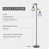HOMCOM Lampadaire Design Industriel 40 W Max. Double Suspension métal Filaire Hauteur réglable Noir(m-6)