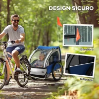 HOMCOM Rimorchio Bici Bambini con 2 Posti, 2 Cinture di Sicurezza, Telaio in Acciaio e Copertura in Tessuto Oxford Blu(m-8)
