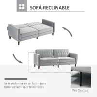HOMCOM Sofá Cama de 3 Plazas Sofá Cama Convertible de Terciopelo con Respaldo Reclinable y Patas de Madera 189x80,5x78,5cm Gris(m-4)