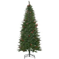 HOMCOM 7ft Pencil Artificial Christmas Tree with Realistic Branches, Red Berries, Auto Open, Green(m-1)