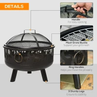 Outsunny Metal Firepit Bowl Outdoor 2-In-1 Round Fire Pit w/ Lid, Grill, Poker, Handles for Garden, Camping, BBQ, Bonfire, Wood Burning Stove, 61.5 x 61.5 x 52cm, Black(m-6)