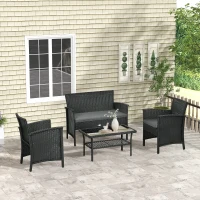 Outsunny Salotto da Esterno Rattan PE con Divanetto, 2 Poltrone con Cuscini e Tavolino in Vetro, Nero e Grigio(m-2)