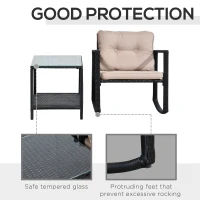 Outsunny 3 Pieces Rattan Garden Rocking Chair Set, Outdoor Rocking Bistro Set w/ 2 Cushioned Armchair and Glass Top Two-tier Coffee Table, Black(m-7)