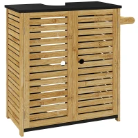 HOMCOM Mobile Sottolavabo Bagno con 2 Ante a Doghe, Porta Asciugamani e Intaglio a U, Legno e Nero(m-1)