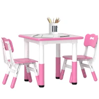 AIYAPLAY Height Adjustable Toddler Table and Chair Set, 3-Piece Children Activity Table w/ 2 Chairs for Playroom, Bedroom - Pink(m-1)