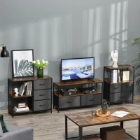 HOMCOM Cómoda Cajonera de Tela con 3 Cajones Plegables y 2 Estantes Estilo Industrial para Dormitorio Salón Pasillo 80x29x71 cm Marrón Rústico y Gris Oscuro(m-8)