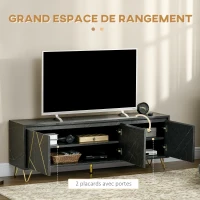 HOMCOM Meuble TV banc TV jusqu'à 65 pouces texture longueur 147 cm effet marbre 2 placards 3 portes à amortissement étagères réglables passe-câbles charge 100 Kg - 147 x 35 x 52 cm - pied en métal(m-5)