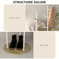 HOMCOM Porte-manteaux sur pied meuble d'entrée en acier avec 9 crochets et 2 étagères rondes Ø 40 x 167 cm naturel et blanc(m-6)