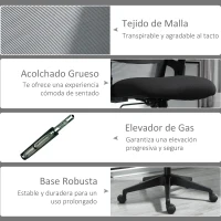 Vinsetto Silla de Oficina Ergonómica Silla de Malla con Altura Ajustable Reposacabezas Soporte Lumbar Regulables y Respaldo Transpirable 63,5x64,5x113-122 cm Negro(m-9)