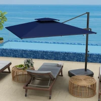 Outsunny Cantilever Parasol with Weighted Base Double Top Garden Parasol Square Hanging Patio Umbrella with Crank Tilt Dark Blue(m-8)