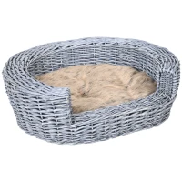 PawHut Wicker Pet Bed Willow Dog Cat Sofa Couch Puppy Basket with Cushion Grey 57L x 46W x 17.5H cm(m-1)