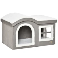 Pawhut Casetta per Gatti da Interno con 2 Entrate, Finestra e Base Antiscivolo, 63.5x37x40 cm, Grigio(m-1)