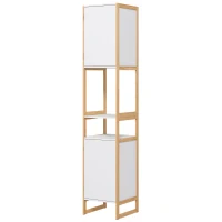 HOMCOM Meuble colonne de salle de bain avec 2 niches et 2 placards étagère réglable, bambou et MDF 33L x 33l x 170H cm blanc(m-1)