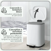 HOMCOM Poubelle de cuisine 12L avec couvercle, poubelle anti-traces de doigts avec pédale et seau intérieur amovible, blanc(m-5)
