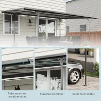 Outsunny Pergola rigide alu. polycarbonate pavillon de jardin abri de voiture 500 x 299 x 195/223 cm gris(m-6)