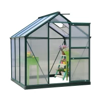 Outsunny 6 x 6ft Polycarbonate Greenhouse, Large Walk-In Green House with Slide Door and Window, Garden Plants Grow House with Aluminium Frame and Foundation, Dark Green(m-13)