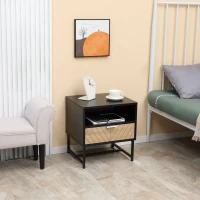 HOMCOM Table de chevet table de nuit style industriel tiroir niche piètement métal aspect bois de chêne sculpté à chevrons noir(m-7)