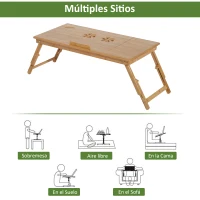 HOMCOM Mesa de Ordenador Portátil Bambú Bandeja de Cama Desayuno Plegable Reclinable Altura Ajustable Soporte Escritorio de regazo 1 Cajón 72x35x22-30cm(m-7)
