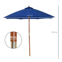 Outsunny 2.5m Garden Parasol Umbrella, Outdoor Market Table Umbrella with Wooden Pole & 8 Fibre Glass Ribs, Round Sun Shade Canopy, Blue(m-3)