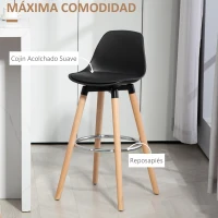 HOMCOM Juego de 2 Taburetes Altos de Cocina 69 cm Tapizado en PU con Respaldo Patas de Madera para Comedor Negro(m-5)