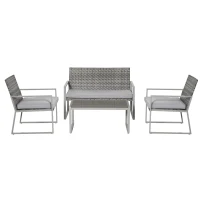 Outsunny 4PC Rattan Garden Furniture Set 2 Single Sofa Arm Chairs 1 Bench with Cushions & Coffee Table Patio Backyard Wicker Weave(m-11)