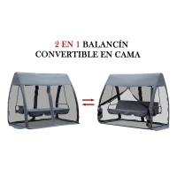 Outsunny Columpio de Jardín 3 Plazas Convertible en Cama Balancín con Mosquitera de Puertas Espacio de Almacenaje Terraza Balcón Exterior 240x140x197 cm Acero Carga Máx. 300 kg Gris(m-4)