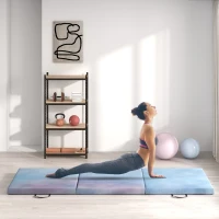 HOMCOM Tapis de gymnastique yoga pilates fitness pliable en 3 panneaux avec poignées revêtement synthétique 180 x 60 x 5cm bleu(m-2)