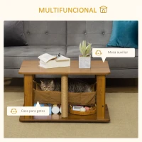 PawHut Mesa de Centro Hamaca para Gatos con 2 Postes Rascadores de Yute y Estante Inferior de Almacenaje 79x59x45,5 cm Marrón(m-4)