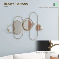 HOMCOM Metal Wall Mirror Decor with Coat Hooks, Modern Decorative Wall Art for Living Room Bedroom, Gold Tone(m-5)
