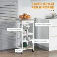 HOMCOM Carrello da Cucina Salvaspazio in Legno di Pino e MDF, Carrello Portaoggetti con Cassetto, Cestello, 2 Vassoi e 4 Ruote Universale, 37x37x82cm, Bianco(m-4)