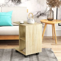 HOMCOM C-Shape End Table Unique Storage Unit w/ 2 Shelves 4 Wheels Freestanding Home Office Furniture Cabinet Square Studio Natural(m-7)
