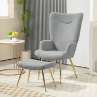 HOMCOM Ensemble fauteuil avec repose-pieds, tissu bouclette gris et pieds en métal doré, dossier haut, grand confort(m-7)