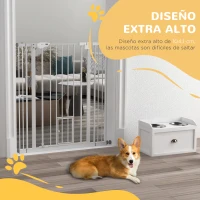 PawHut Barrera de Seguridad Extensible con Puerta Pequeña Cierre Automático y Sistema de Doble Bloqueo 74-101x104,1 cm Blanco(m-8)