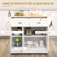 HOMCOM Carro de Cocina con Ruedas Isla de Cocina con 2 Cajones Especiero y Barra para Colgar 110x45x91 cm Blanco(m-4)