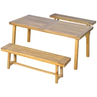 Outsunny 3 Pieces Picnic Bench Set with Table and 2 Benches, Acacia wood Dining Trestle Beer Table and Seat,  Natural Wood Finish(m-11)
