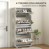 HOMCOM Meuble à chaussures 2 en 1 façades miroir 4 portes abattants, étagères réglables, jusqu'à 24 paires, 76l x 26P x 168H cm(m-5)