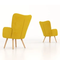 HOMCOM Modern Accent Chair Velvet-Touch Tufted Wingback Armchair Upholstered Leisure Lounge Sofa Club Chair with Wood Legs, Set of 2, Yellow(m-7)