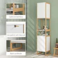 HOMCOM Meuble colonne de salle de bain avec 2 niches et 2 placards étagère réglable, bambou et MDF 33L x 33l x 170H cm blanc(m-7)
