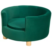 PawHut Canapé chien lit pour chien chat avec accoudoirs coussin moelleux pieds bois massif dim. 65 x 64 x 37 cm velours bleu canard(m-10)