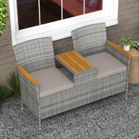 Outsunny Two-Seat Rattan Loveseat, with Wood-Top Middle Table - Grey(m-7)
