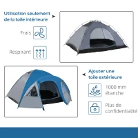 Outsunny Tente de camping familiale 4-5 personnes tente dôme étanche légère, ventilée facile à monter double porte et fenêtres dim. 3L x 2,50l x 1,30H m fibre verre polyester bleu marine(m-4)