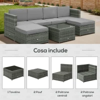 Outsunny Set da 7 Pezzi Salotto da Esterni in Rattan con Poltrona Pouf Tavolino Grigio(m-7)