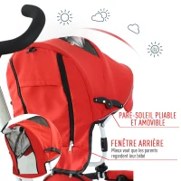 HOMCOM Tricycle enfant évolutif pliable pare-soleil pliable canne télescopique amovible 118L x 53l x 105H cm métal blanc rouge noir(m-4)