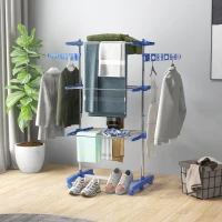 HOMCOM Three-Shelf Collapsing Clothes Horse, With Side Arms and Wheels - Blue(m-10)