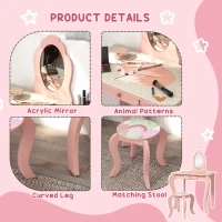 ZONEKIZ Kids Dressing Table with Mirror, Stool, Drawer, Cute Animal Design - Pink(m-6)